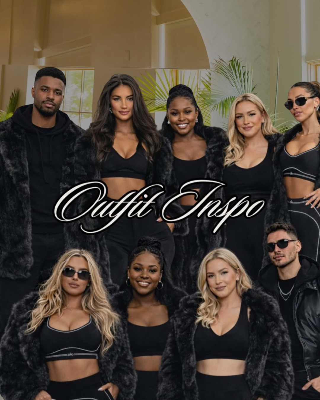 Models showcase all-black athleisure and outerwear for an outfit inspiration collage.
