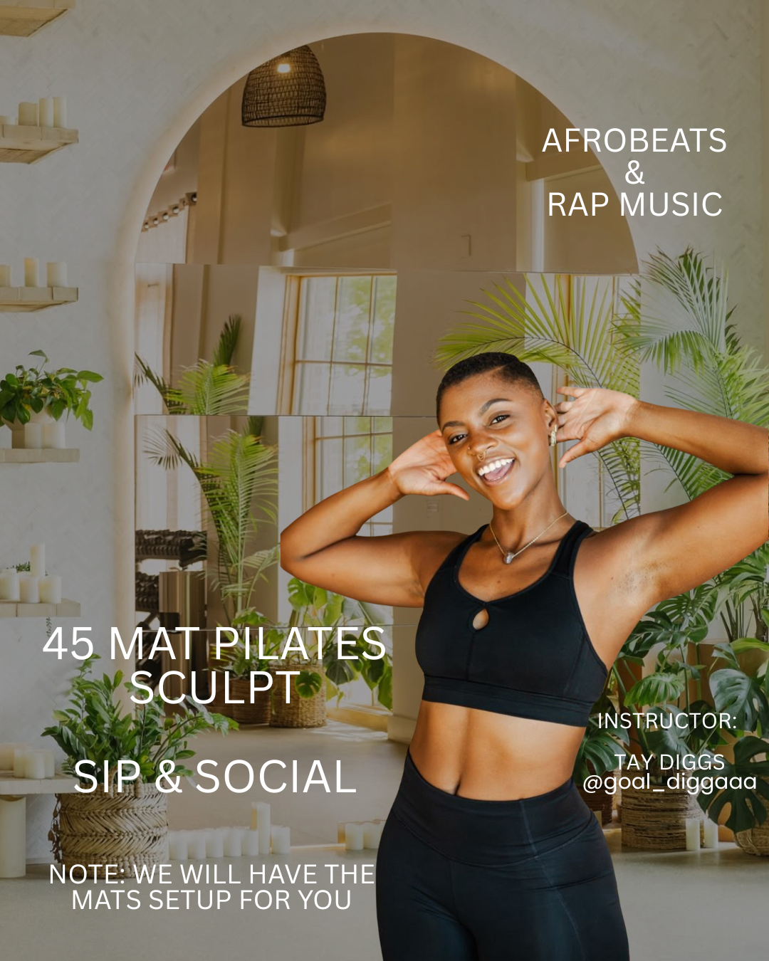A smiling fitness instructor, Tay Diggs, promotes her 45-minute mat Pilates sculpt class with Afrobeat and rap music in a stylish studio.
