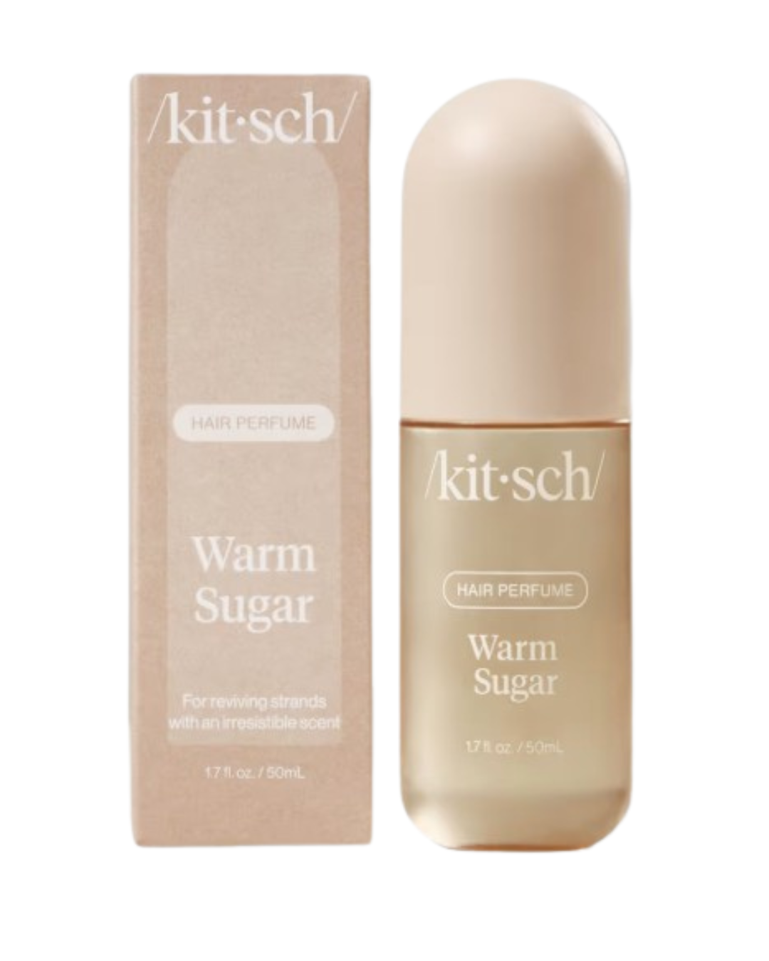 Kitsch displays its Warm Sugar hair perfume bottle alongside its matching box.
